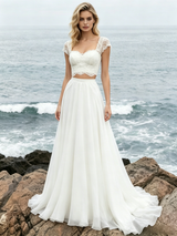 White Chiffon Lace Two Piece Wedding Dress