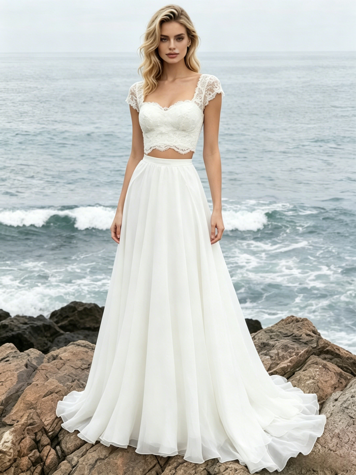 White Chiffon Lace Two Piece Wedding Dress