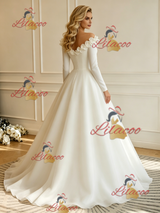White Long Sleeve Off the Shoulder Flower Wedding Dress