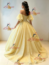 Yellow Tulle Off the Shoulder Beading Quinceanera Dress