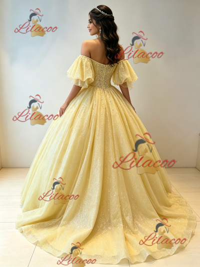 Yellow Tulle Off the Shoulder Beading Quinceanera Dress