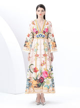 Retro Deep V-neck Flared Sleeve Printed Dress