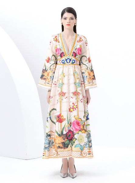 Retro Deep V-neck Flared Sleeve Printed Dress