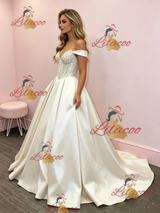 Beige White Satin Off the Shoulder Prom Dress