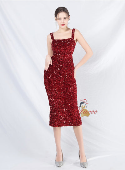 Sheath Sequins Straps Tea Length Prom Dress