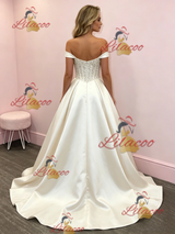 Beige White Satin Off the Shoulder Prom Dress