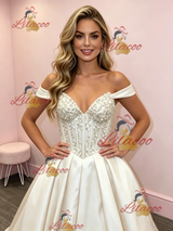 Beige White Satin Off the Shoulder Prom Dress