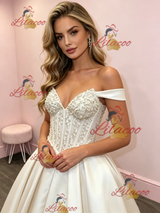 Beige White Satin Off the Shoulder Prom Dress