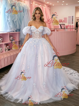 Tulle Off the Shoulder Puff Sleeve Appliques Prom Dress