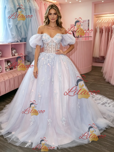 Tulle Off the Shoulder Puff Sleeve Appliques Prom Dress
