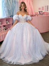 Tulle Off the Shoulder Puff Sleeve Appliques Prom Dress