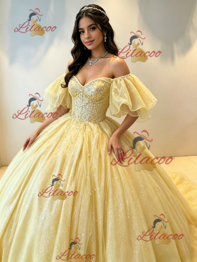 Yellow Tulle Off the Shoulder Beading Quinceanera Dress