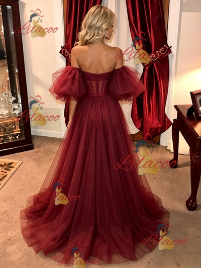 Burgundy Tulle Off the Shoulder Prom Dress