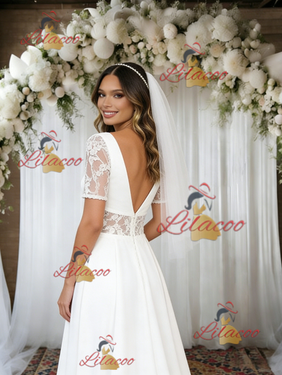 White V-neck Short Sleeve Lace Wedding Dress