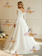 White Long Sleeve Off the Shoulder Flower Wedding Dress