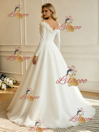 White Long Sleeve Off the Shoulder Flower Wedding Dress