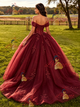 Burgundy Tulle Off the Shoulder Appliques Quinceanera Dress