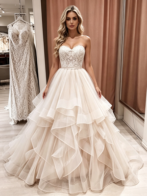 Champagne Tulle Strapless Appliques Wedding Dress