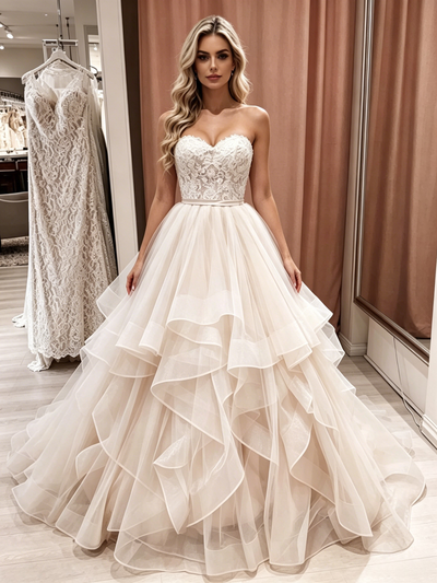 Champagne Tulle Strapless Appliques Wedding Dress