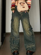 Pocket Tooling Straight Pants Retro Jeans