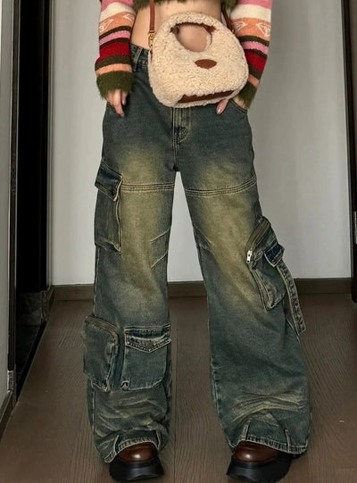 Pocket Tooling Straight Pants Retro Jeans