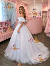 Tulle Off the Shoulder Puff Sleeve Appliques Prom Dress