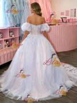 Tulle Off the Shoulder Puff Sleeve Appliques Prom Dress