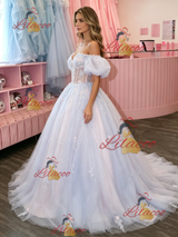 Tulle Off the Shoulder Puff Sleeve Appliques Prom Dress