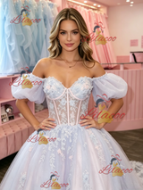Tulle Off the Shoulder Puff Sleeve Appliques Prom Dress