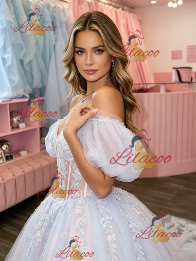 Tulle Off the Shoulder Puff Sleeve Appliques Prom Dress
