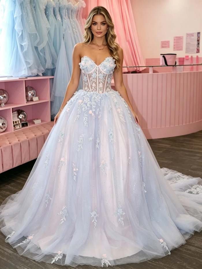 Blue Tulle Strapless Appliques Prom Dress