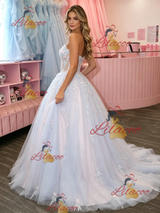 Blue Tulle Strapless Appliques Prom Dress