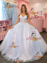 Blue Tulle Strapless Appliques Prom Dress
