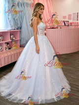 Blue Tulle Strapless Appliques Prom Dress