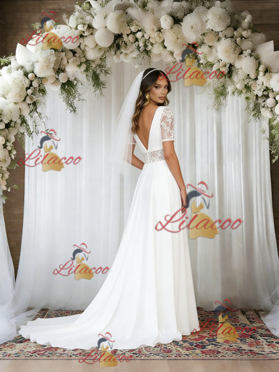 White V-neck Short Sleeve Lace Wedding Dress