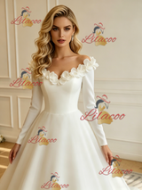 White Long Sleeve Off the Shoulder Flower Wedding Dress