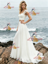 White Chiffon Lace Two Piece Wedding Dress