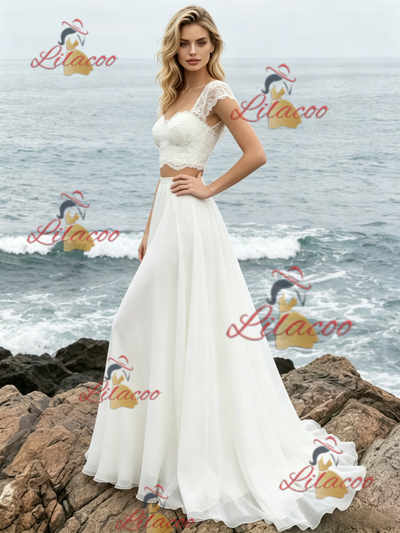White Chiffon Lace Two Piece Wedding Dress