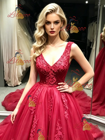 Red Tulle V-neck Appliques Prom Dress