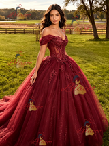 Burgundy Tulle Off the Shoulder Appliques Quinceanera Dress