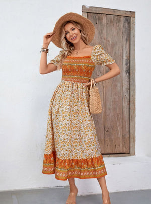 Bohemian Square Collar Bubble Sleeve Printed Dress