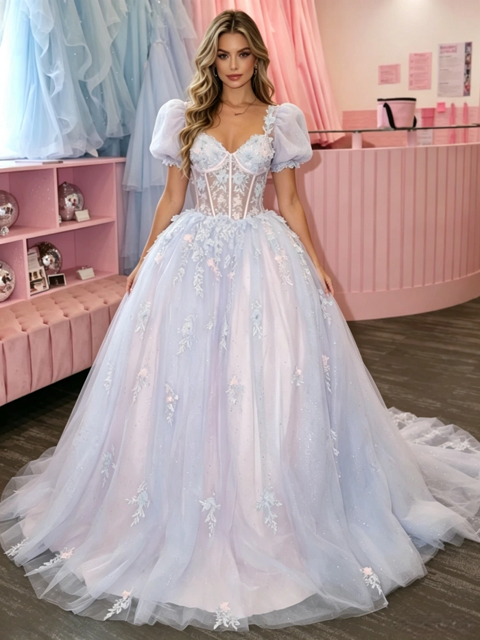 Puff Sleeve Square Neck Tulle Appliques Prom Dress