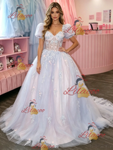 Puff Sleeve Square Neck Tulle Appliques Prom Dress