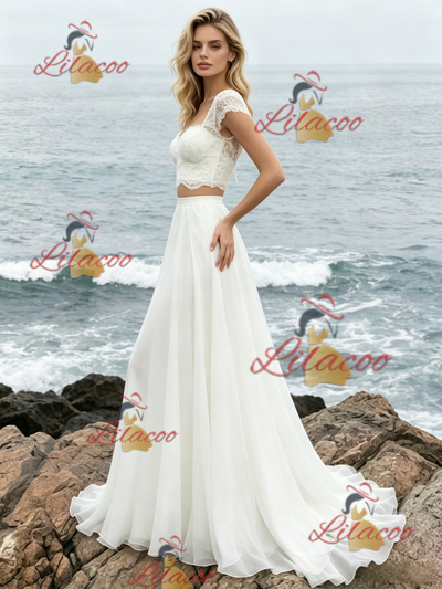 White Chiffon Lace Two Piece Wedding Dress