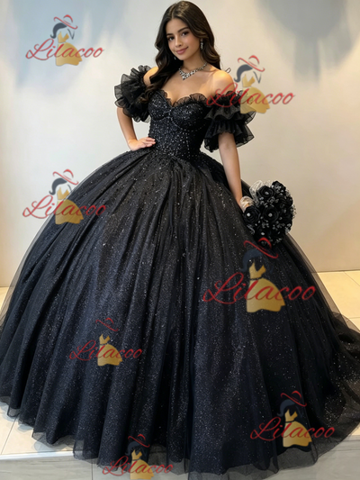 Black Tulle Sequins Off the Shoulder Quinceanera Dress