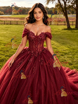 Burgundy Tulle Off the Shoulder Appliques Quinceanera Dress