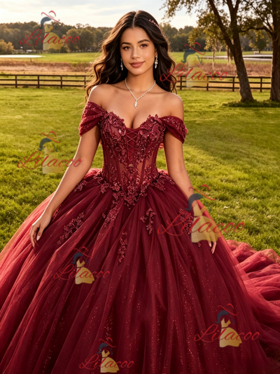 Burgundy Tulle Off the Shoulder Appliques Quinceanera Dress