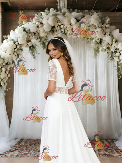 White V-neck Short Sleeve Lace Wedding Dress