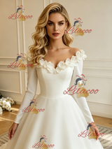 White Long Sleeve Off the Shoulder Flower Wedding Dress