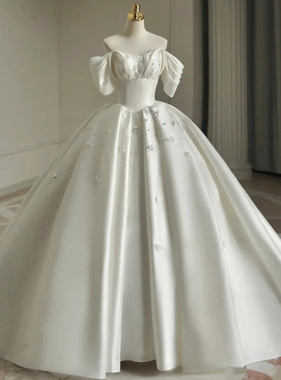White Satin Off the Shoulder Pleats Crystal Wedding Dress